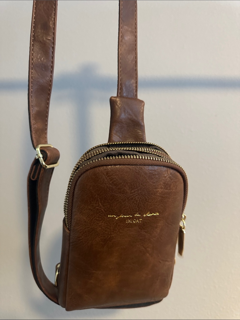 Nica Brown Faux Leather Mini Crossbody with Gold Script